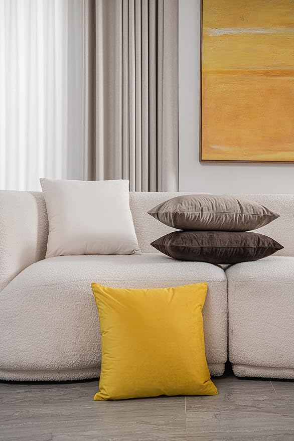 Couch Pillow Covers 16x16 Yellow: 2 Pack Cozy Soft Velvet Square Throw Pillow Cases for Farmhouse Home Decor
