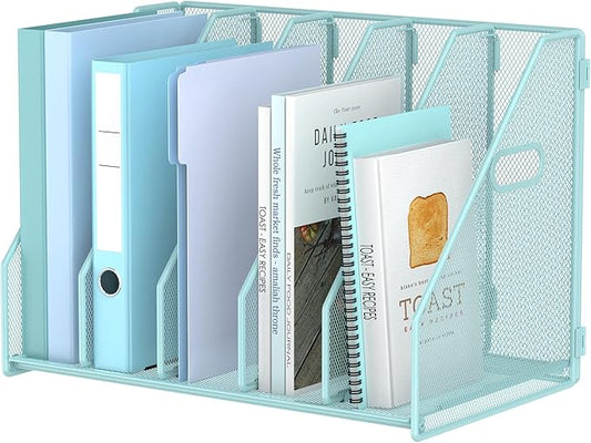 Desk File Organizer Metal Desk Magazine Folder Holder with 5 Vertical Compartments Rack File Organizer for Office, Home, School (Blue)
