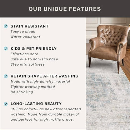 Light Blue Farmhouse Area Rug for Bedroom - 6x8 Washable Rug for Dining Room Table, Ultra-Thin Soft Textured Dusty Blue Boho Indoor Decor, Fade & Stain Resistant