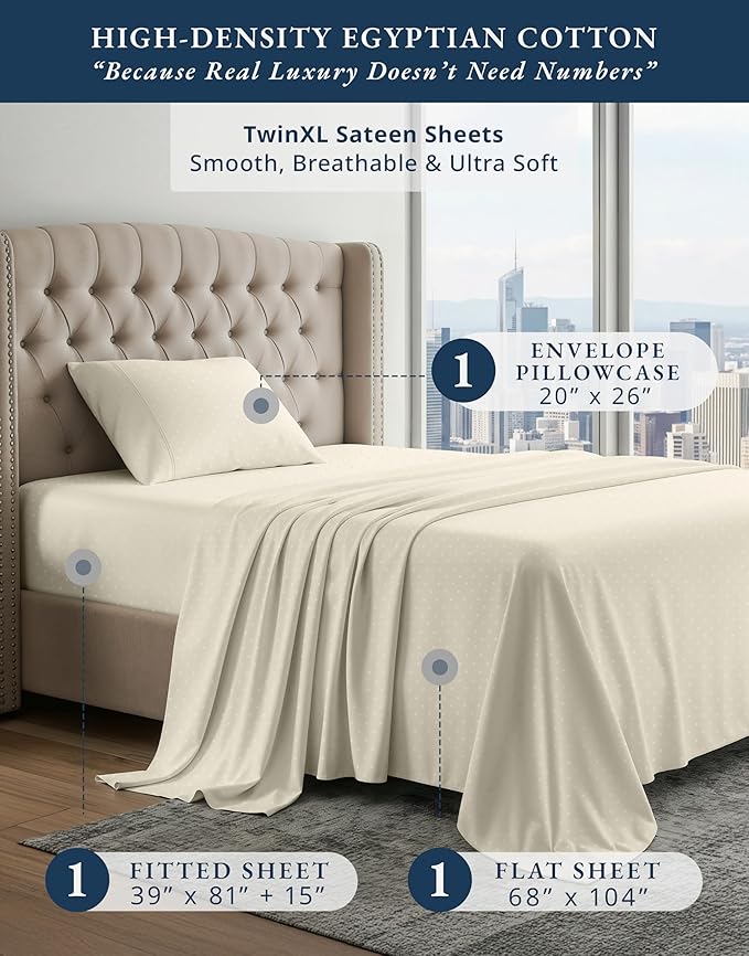 LANE LINEN 100% Egyptian Cotton Sheets Twin XL, Soft & Comfy Thick Fully Elasticized Mercerized Sheet Set Cotton, No Pill Fade Resistant Elegant Jaquard Twin Bedding - Swiss Dot Ivory