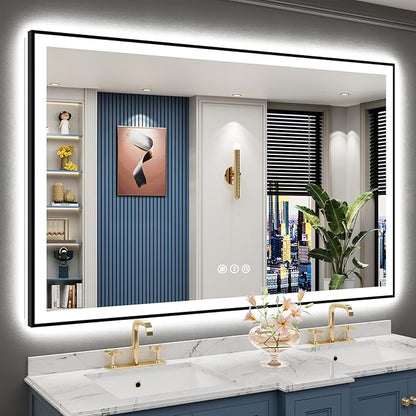 60x40 Black Framed LED Bathroom Mirror with Lights, Backlit and Front Lit, Anti-Fog Lighted Vanity Mirrors for Bathroom Wall, Dimmable, 3-Color Light, Memory, Shatter-Proof, HD Tempered Glass
