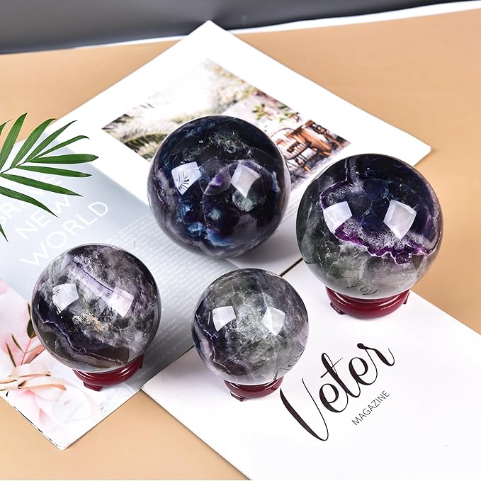 JIC Gem Large Crystal Sphere with Stand Colorful Fluorite Crystal Ball Gemstone Decorative Ball for Home Decor Altar Reiki Healing Gift 90-100mm