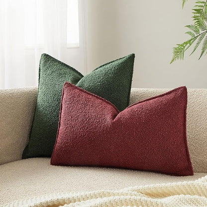 JUSPURBET 16x24 Throw Pillow Covers Set of 2 Decorative Pillow Covers for Couch Sofa Bed Cozy Boucle Textured Lumbar Cushion Covers Cases with Invisible Zipper for Living Room Home Decor,Burgundy