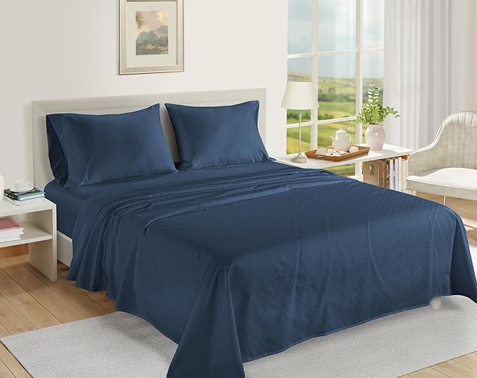 LANE LINEN Split King Sheets for Adjustable Beds - 5PC Sheets Set, 100% Egyptian Cotton, Cool Breathable & Soft, 2 Fitted Fits Upto 16" Deep Pockets - Swiss Dot - Estate Blue
