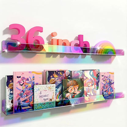 36 inches Iridescent Acrylic Floating Shelf,Wall Mounted Kids Bookshelf, Display Book Shelves for Kids Nursery Toddler Classroom 2 Packs