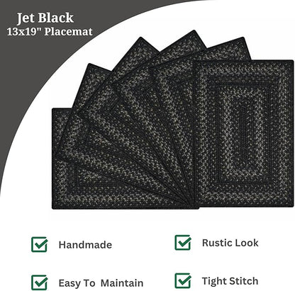 Homespice Jet Black Dining Placemats, Warm Primitive Decor, Set of 6-13x19 Rectangle Table Mats - Vibrant Colors, Durable, Easy to Clean and Protects Furniture