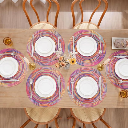 SHACOS 15 inch Round Placemats Set of 6 Variegated Multicolor Place Mats Cotton Polyester Braided Non Slip Washable Heat Resistant Table Mats for Home Wedding Dinner Party Table Decor, Rainbow Pink