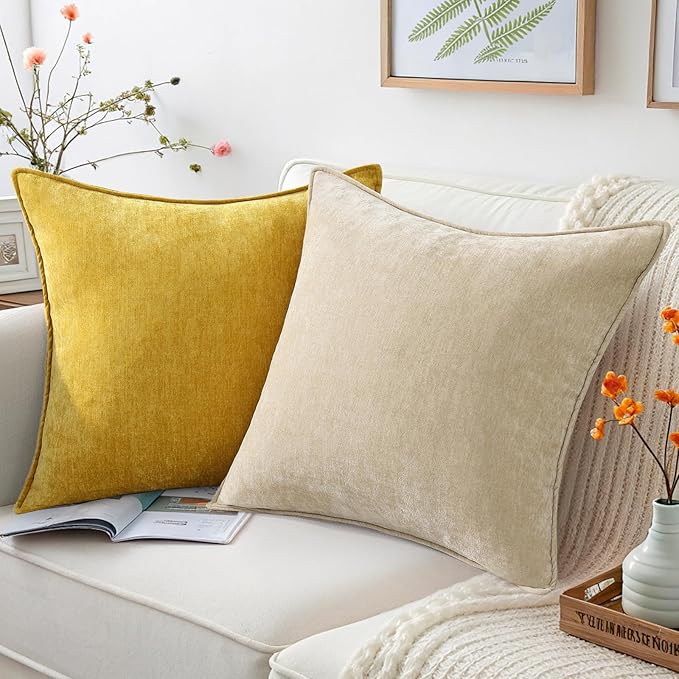 decorUhome Spring Couch Euro Sham Throw Pillow Covers 26x26 Set of 2, Decorative Soft Velvet Neutral Chenille Pillow Covers with Elegant Design for Sofa Bed Living Room Home Decor, Beige
