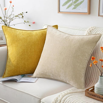decorUhome Spring Couch Throw Pillow Covers 18x18 Set of 2, Decorative Soft Velvet Neutral Chenille Pillow Covers with Elegant Design for Sofa Bed Living Room Home Decor, Beige