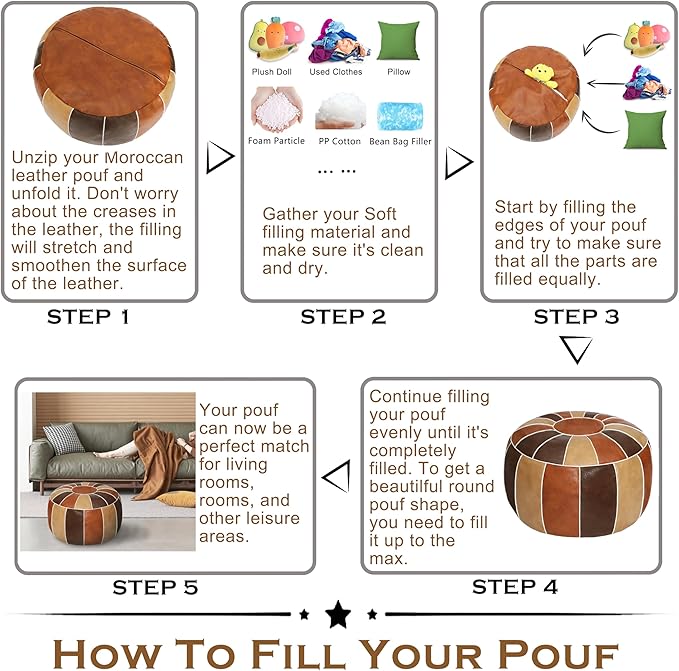 Thgonwid Unstuffed Moroccan Storage Pouf Foot Stool Ottoman Seat Handmade Faux Leather Bean Bag Floor Chair Foot Rest for Living Room, Bedroom or Balcony (Multi Color)