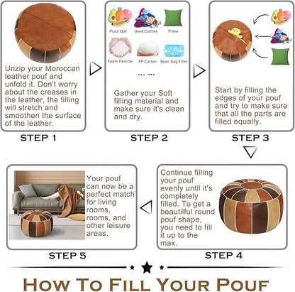 Thgonwid Unstuffed Moroccan Storage Pouf Foot Stool Ottoman Seat Handmade Faux Leather Bean Bag Floor Chair Foot Rest for Living Room, Bedroom or Balcony (Multi Color)
