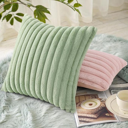 decorUhome Faux Fur Spring Throw Pillow Covers 24x24 Set of 2, Decorative Soft Plush Striped Neutral Couch Euro Sham Pillow Covers with Velvet Back for Sofa, Bed, Living Room Home, Sage Green