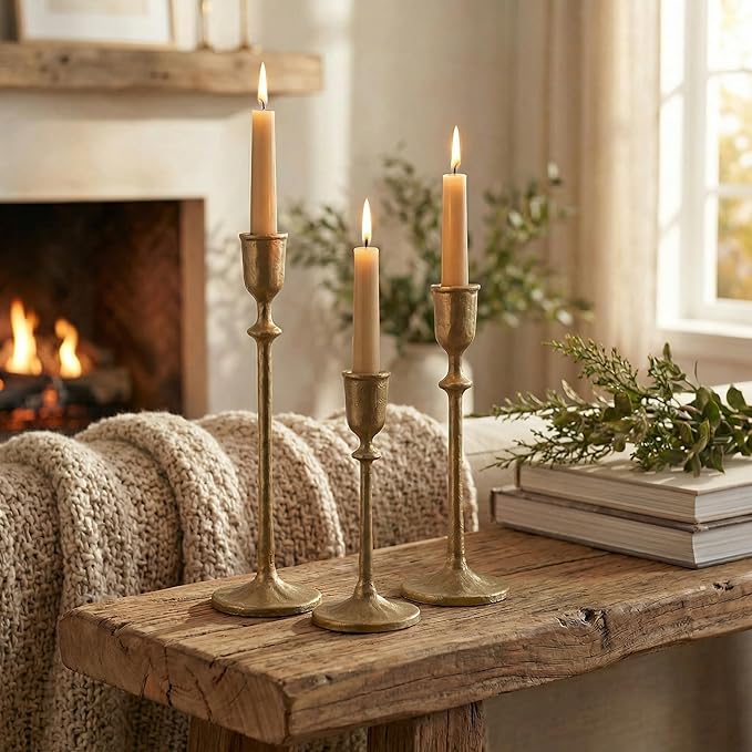 Antique Brass Candlestick Holders Set of 3, Cast Iron Taper Candle Holder for Dining Table Centerpiece, Wedding, Fireplace Mantel Decor, Vintage Tall Candle Stands, Christmas Decorations