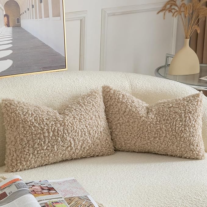 Yaertun Pack of 2 Faux Fur Throw Pillow Covers Decorative Sherpa Boucle Pillow Covers Fuzzy Soft Pillowcases Sheepskin Fleece Cushion Case for Couch Sofa Bed Living Room 12x20 Inch Oatmeal