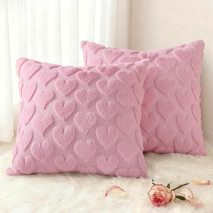 decorUhome Valentine’s Day Soft Plush Throw Pillow Covers 16x16 Inch Set of 2, Faux Fur Pink Heart Decoration Neutral Square Pillow Covers for Couch Sofa Bed Cozy Farmhouse Holiday Decor
