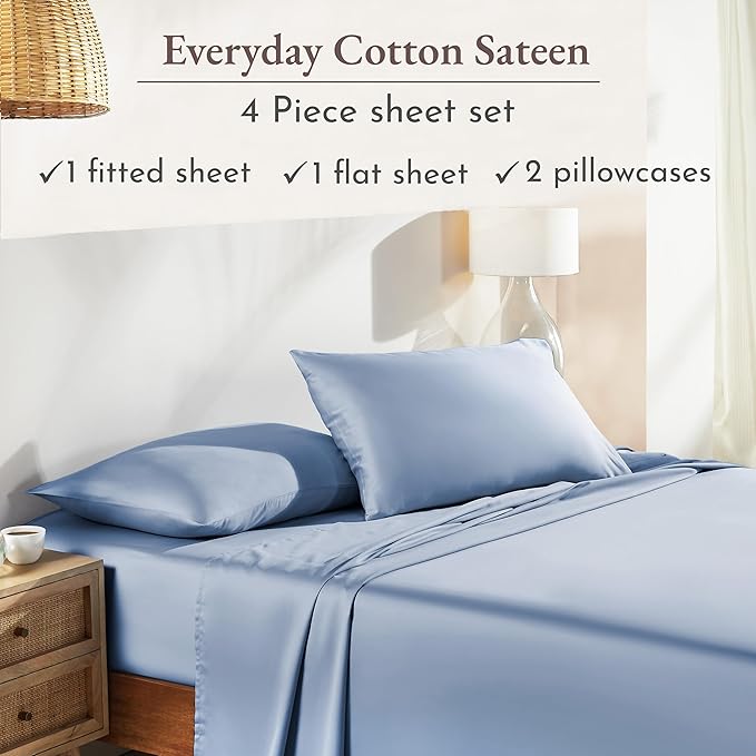 California Design Den King Size Sheets Set - Natural 100% Cotton Sheets King Size with Deep Pockets, Soft Sateen Weave, Breathable and Durable Bedding Set (Blue Hydrangea)