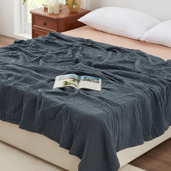 Love's cabin 6 Layer 100% Cotton Muslin Blanket, 90"x90" Muslin Blanket Queen for Couch Bed, Lightweight and Breathable Cotton Gauze for Adult, Dark Grey