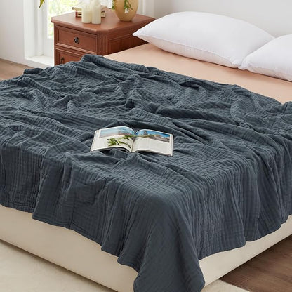Love's cabin 6 Layer 100% Cotton Muslin Blanket, 108"x90" Muslin King Size Blanket for Bed Couch, Lightweight and Breathable Cotton Gauze for Adult, Dark Grey