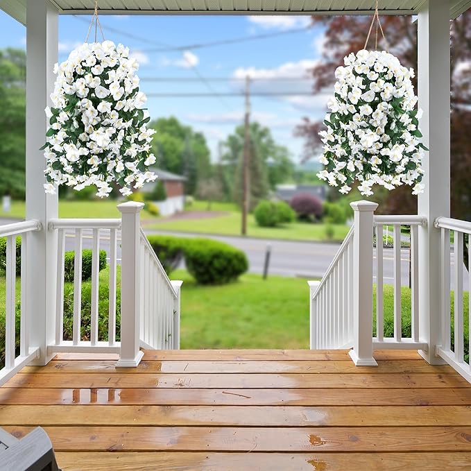 Sggvecsy Artificial Fake Hanging Flowers Plants for Outdoor Outside Spring Summer Decoration 4PCS Faux Silk UV Resistant Realistic Morning Glory Trailing Vines for Home Porch Patio Balcony(White)