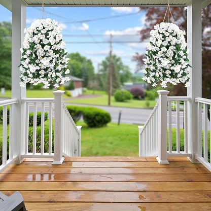 Sggvecsy Artificial Fake Hanging Flowers Plants for Outdoor Outside Spring Summer Decoration 2PCS Faux Silk UV Resistant Realistic Morning Glory Trailing Vines for Home Porch Patio Balcony(White)