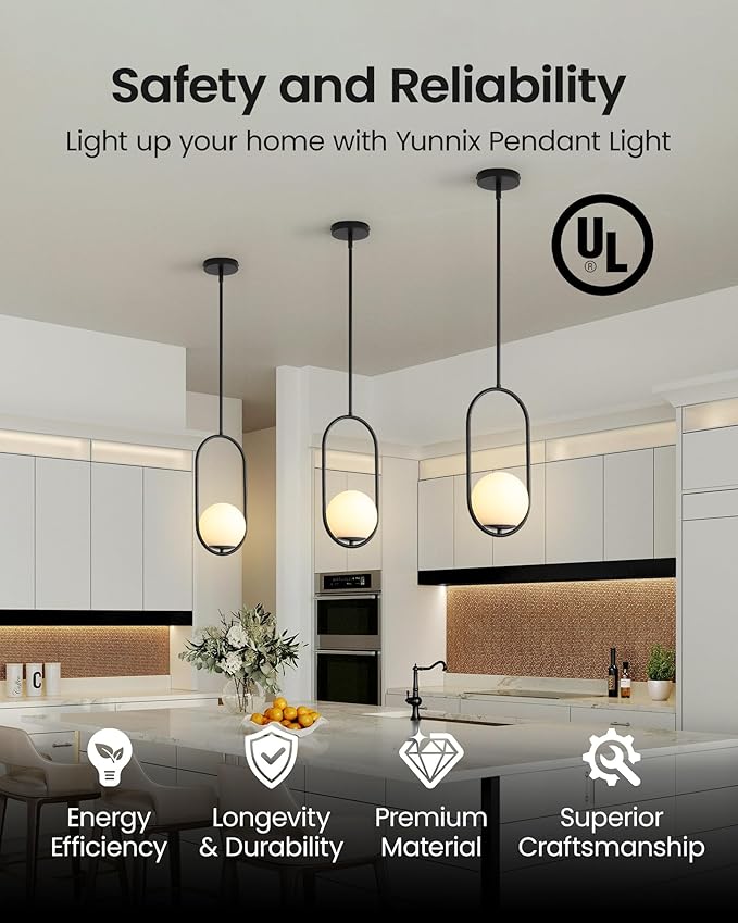 Yunnix Globe Pendant Lights Kitchen Island, 2 Pack Mid Century Modern Pendant Lights Milk Glass Hanging Light Fixture Black Chandelier for Bedroom Dining Room (Bulb Not Included)