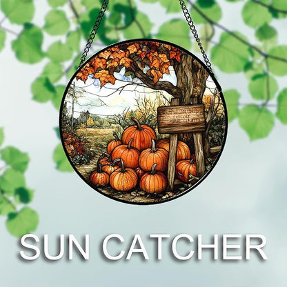 DASTOLL Stained Glass Window Hanging Fall Farm Scenery Maple Trees Pumpkin 7.8" - Suncatcher Door Garden Kitchen Sun Catcher Autumn Decor Birthday for Mom Nana Men Woman Friend