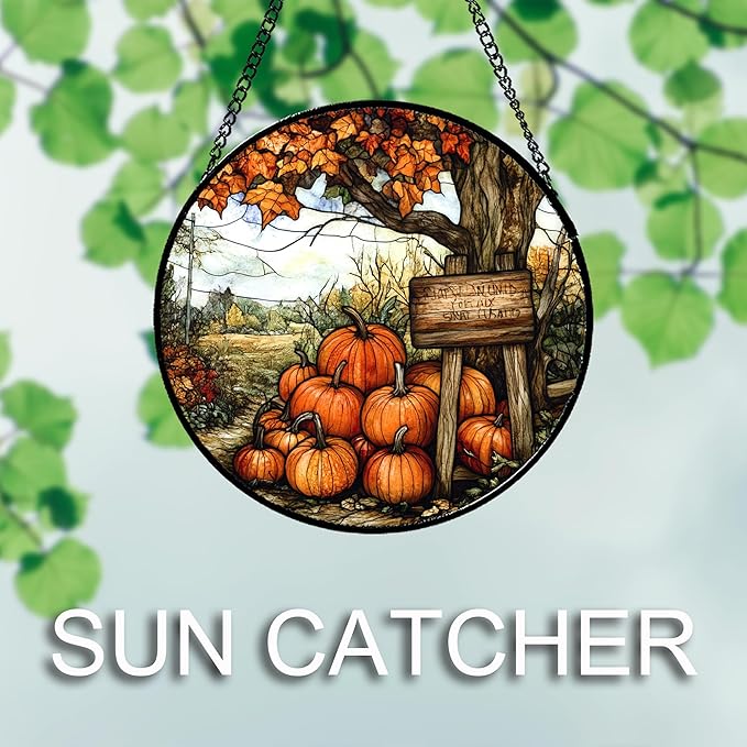DASTOLL Stained Glass Window Hanging Fall Farm Scenery Maple Trees Pumpkin 9.8" - Suncatcher Door Garden Kitchen Sun Catcher Autumn Decor Birthday for Mom Nana Men Woman Friend