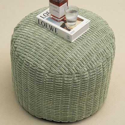 Round Stuffed Pouf Ottoman for Foot Rest, Storage Ottoman Pouf Foot Stool Cushion, Faux Fur Poufs with Foam Chunk Filling, 26 X 18 Inch Floor Chair for Living Room Bedroom Home Decor, Green