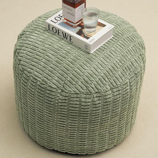Round Stuffed Pouf Ottoman for Foot Rest, Storage Ottoman Pouf Foot Stool Cushion, Faux Fur Poufs with Foam Chunk Filling, 26 X 18 Inch Floor Chair for Living Room Bedroom Home Decor, Green
