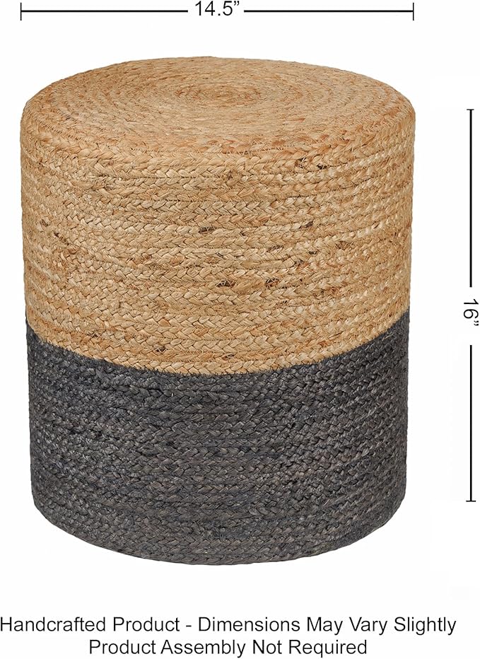 REDEARTH · Cylindrical Pouf Foot Stool Ottoman - Jute Braided Pouffe Poof Accent Sitting Footrest for The Living Room, Bedroom, Nursery, Patio, Lounge & Other Rooms (14.5”X14.5”X16”; Natural Gray)