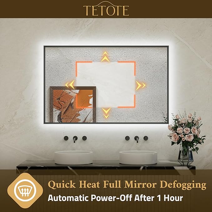 TETOTE 40 x 24 Backlit Mirror Brushed Black Metal Frame LED Light Vanity 3-Color White/Warm/Natural Stepless Dimmable Anti-Fog Backlight Mirror Wall-Mounted