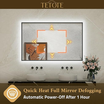 TETOTE 24 x 36 Backlit Bathroom Mirror Brushed Black Metal Frame LED Light Vanity 3-Color White/Warm/Natural Stepless Dimmable Anti-Fog Backlight Mirror Wall-Mounted