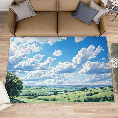 Sky and Clouds 5x6 Area Rugs for Living Room -Grassland and Pasture Washable Rug Rural Landscape Non-Slip Carpet Indoor Floor Stain Resistant Thin Carpets for Bedroom Dining Room Home Office