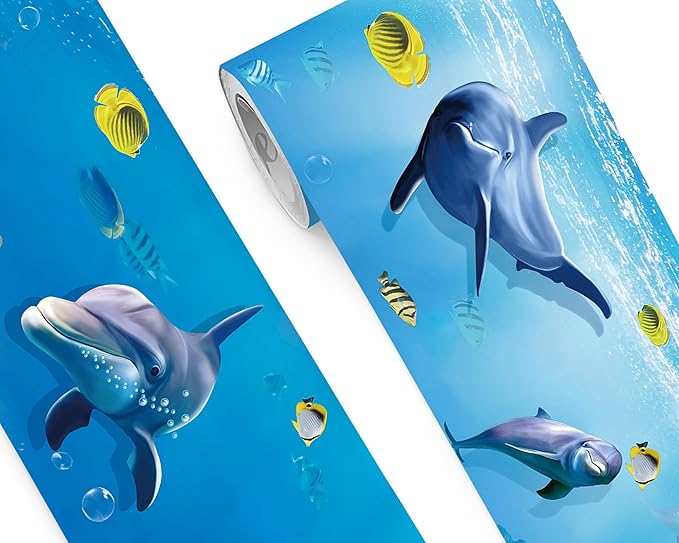 FLFK Peel and Stick Wallpaper Border Wall Decals for Kids Room - Under The Sea Fish Stickers Murals, 10" x 240" (Blue)