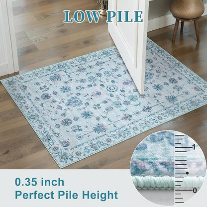 Tangsoo 3x5 Floral Area Rug Washable Non-Slip Low Pile Vintage Boho Distressed Carpet for Bedroom, Entryway, Kitchen, Office, Foyer Decor - Pet & Child Friendly (Light Blue)