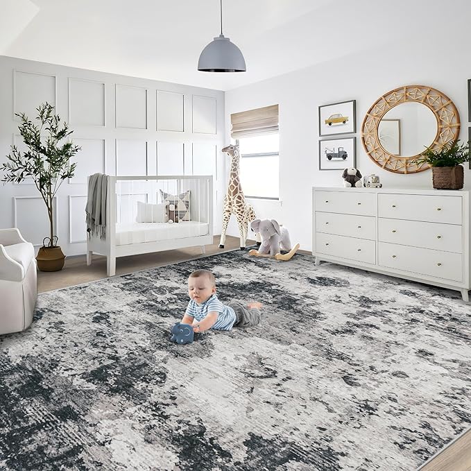 9x12 Area Rug for Living Room, Washable Modern Abstract Large Area Rug Neutral Soft Non Slip Kids Rug Stain Resistant Indoor Carpet for Bedroom Dining Room Playroom Home Office(Black, 9'x12')