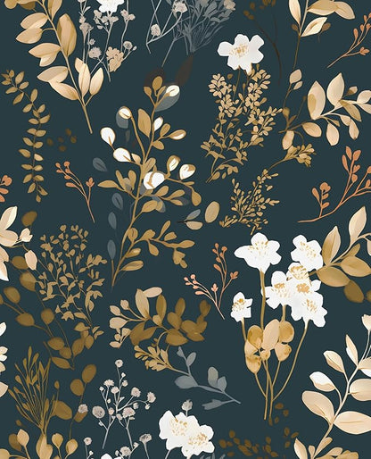 Navy Floral Wallpaper Peel and Stick Boho Wallpaper Vintage Blue/Gold Leaf Contact Paper Waterproof Self Adhesive Modern Wall Paper for Cabinet Walls Kitchen 17.5in x393in