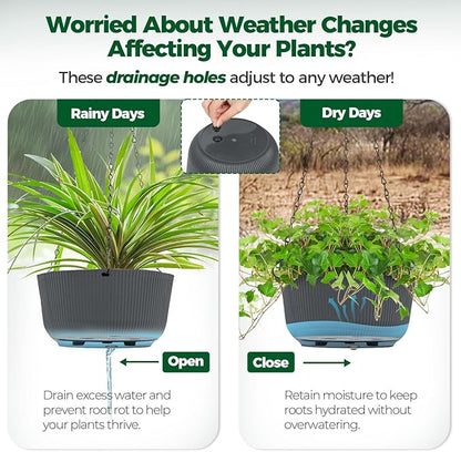 T4U 10 Inch Hanging Planters for Indoor Outdoor Plants, Hanging Plant Pot Pack of 2, Self Watering Hanging Pots with Drainage Hole & Plug & Chain with 3 Hooks for Garden Home Decor, Grey