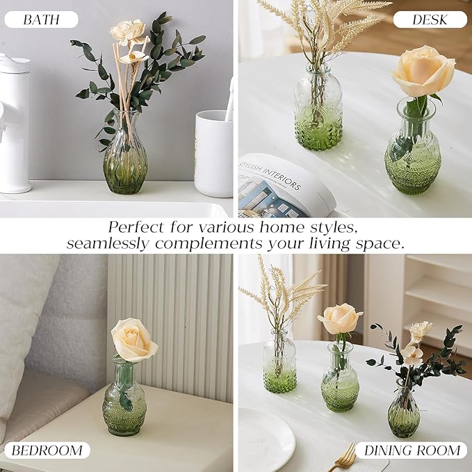 Glass Bud Vase Set of 30 - Small Vases for Flowers in Bulk - Assorted Vintage Crystal Vases for Flowers, Table Centerpieces (Green, 30 Pcs)
