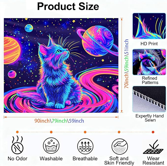 seewan Black Light Space Cat Tapestry, Glow-in-the-Dark UV Neon Galaxy Kitten with Planets Wall Hanging, Psychedelic Cosmic Art Tapestry, Bedroom Dorm Living Room Background Decor