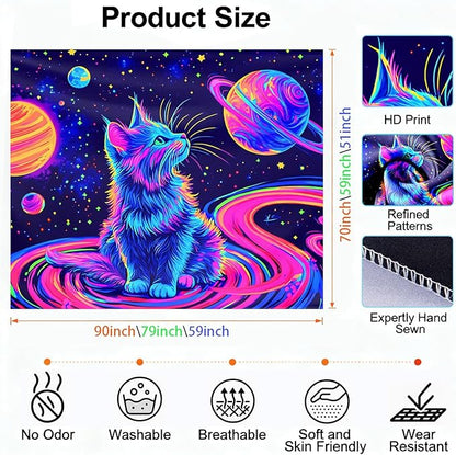 seewan Black Light Space Cat Tapestry, Glow-in-the-Dark UV Neon Galaxy Kitten with Planets Wall Hanging, Psychedelic Cosmic Art Tapestry, Bedroom Dorm Living Room Background Decor