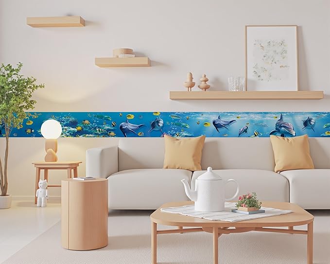 FLFK Peel and Stick Wallpaper Border Wall Decals for Kids Room - Under The Sea Fish Stickers Murals, 9" x 240" (Blue)