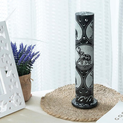 Crocon Handmade Black Marble Incense Stick Tower Burner Round Shape Jali Design Incense Tower Burner | Tea Light Candle Holder | Living Room Decor Home Fragrance Decorative Gift Size 3X3X10 Inch