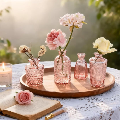Vintage Pink Small Glass Vase Set of 24, Cute Bud Vases for Centerpiece Table Decorations, Boho Mini Vases for Flowers, Pink Clear Vase Bulk for Wedding Party Decor, Birthday, Baby Shower