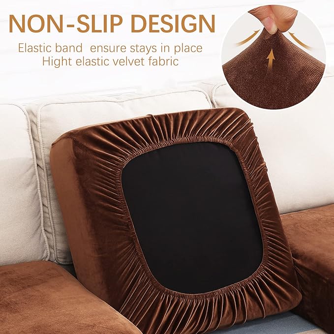 hyha Velvet Couch Cushion Covers, Soft Sofa Seat Covers for sectional 3 Cushion Couch Washable, Magic Sofa Slipcover with Elastic Bottom, Non-Slip Furniture Protector for Pets, Kid(3PC, Brown)