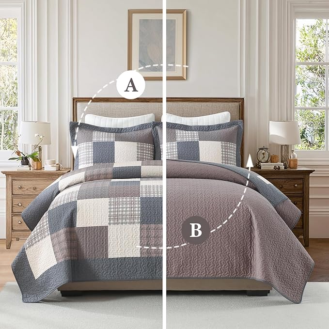 100% Cotton Quilts King Size, King Quilt Bedding Set Bedspread, Patchwork Plaid Quilt for King Bed, 3 Pieces Farmhouse Reversible Lightweight Comforter Bed Spread, Gray/Brown/Beige