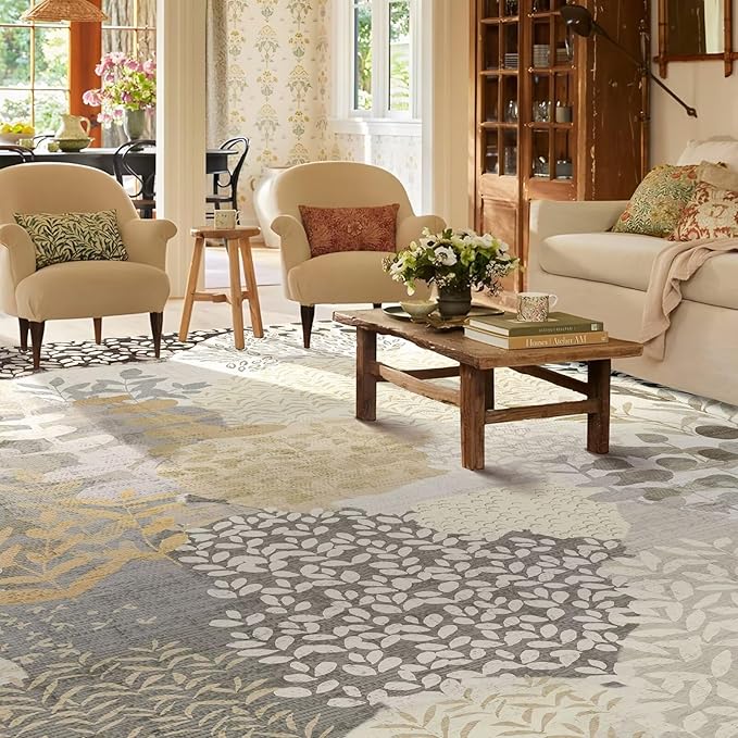 DEXDE Large Area Rugs 9x12 for Living Room, Floral Washable Rug Boho Print Vintage Low Pile Non Slip Carpet for Bedroom Kids Room Nursery Office Dinning Room, Gray