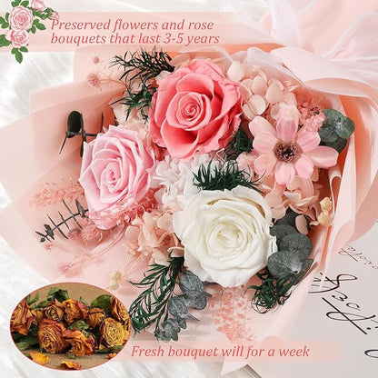 Flowers for Delivery Preserved Flowers with Vase That Last 3-5 Years Real Forever Flowers Pink Rose Bouquet for Mom Birthday Thanksgiving Christmas Gift for Women Grandma Wife Friends Her