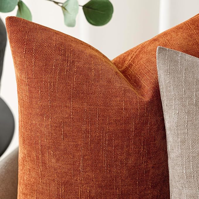 Foindtower Pack of 2 Soft Textured Chenille Throw Decorative Pillow Covers Square Accent Solid Cushion Cover Cozy Neutral Farmhouse Pillow Case for Couch Sofa Bedroom Living Room 20x20 Inch,Orange