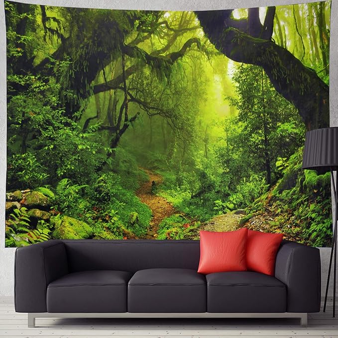 Leofanger Misty Forest Tapestry Nature Green Tree Wall Tapestry Virgin Rainforest Landscape Wall Hanging for Bedroom Living Room (51.2" × 59.1")